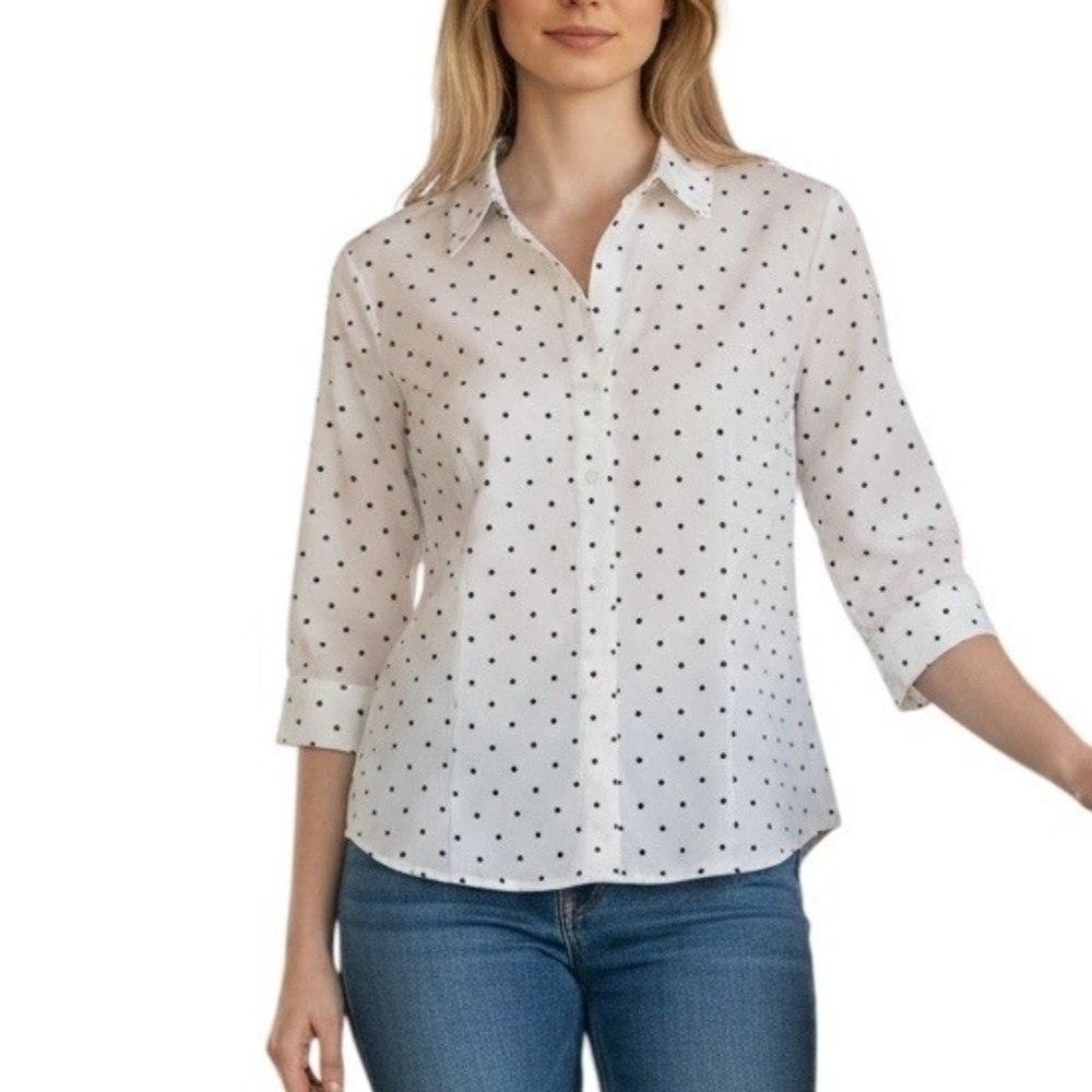 Anne Klein White Button-Down Shirt with Black Polka Dots